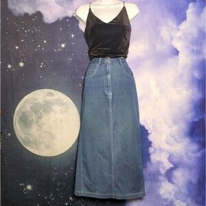 Vintage Long Denim Skirt Size 6 90s Y2K Blue Jean High Rise Back Slit Western